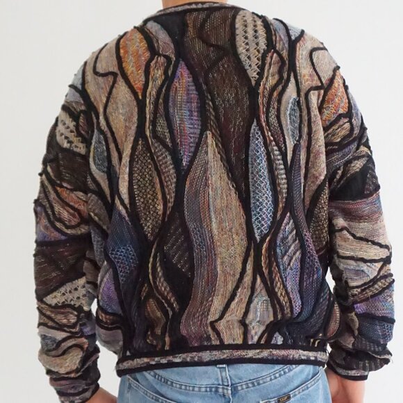 VTG Tundra Canada Multicolor Textured Knit Sweater Abstract Coogi Style Large - Picture 2 of 10